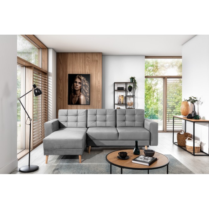 Canapé d’angle convertible HASGARD 3 places gris 248x162 cm – coffre et pieds bois