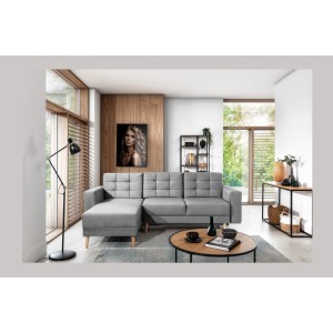 Canapé d’angle convertible HASGARD 3 places gris 248x162 cm – coffre et pieds bois