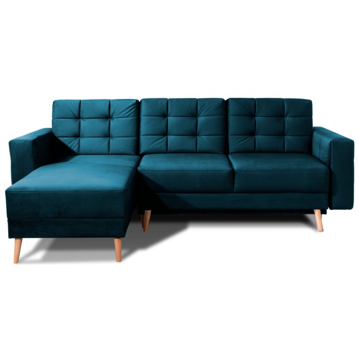 Hoekbank HASGARD slaapbank 3 zitplaatsen donkerblauw 248x162 cm - met opbergruimte en houten poten