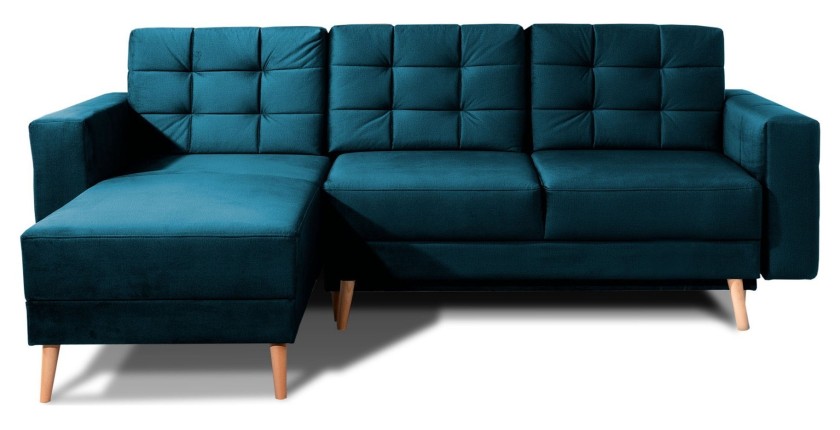 Canapé d’angle convertible HASGARD 3 places bleu foncé 248x162 cm – coffre et pieds bois