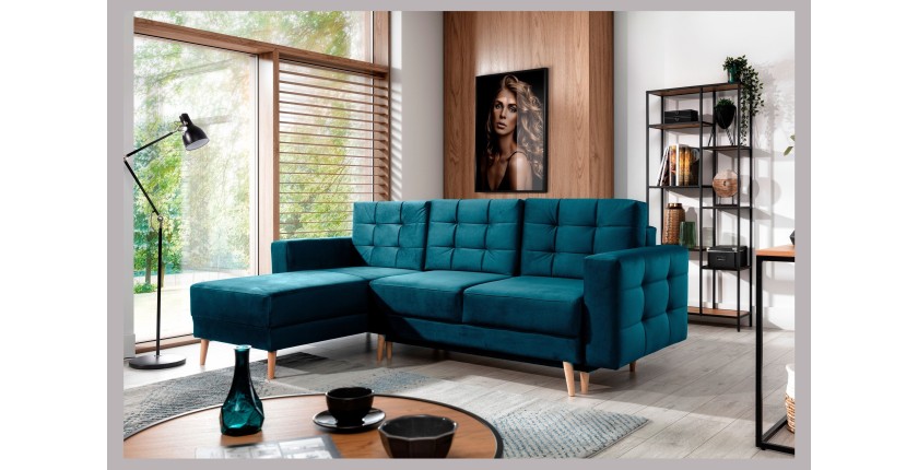 Canapé d’angle convertible HASGARD 3 places bleu foncé 248x162 cm – coffre et pieds bois