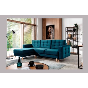 Canapé d’angle convertible HASGARD 3 places bleu foncé 248x162 cm – coffre et pieds bois