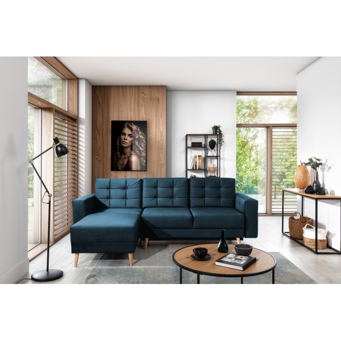 Hoekbank HASGARD slaapbank 3 zitplaatsen donkerblauw 248x162 cm - met opbergruimte en houten poten