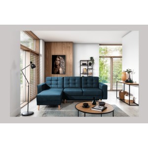 Canapé d’angle convertible HASGARD 3 places bleu foncé 248x162 cm – coffre et pieds bois
