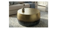 Table basse TRIANE ronde 60cm dorée et bleue mise en situation