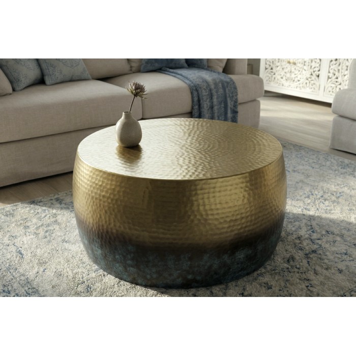 Couchtisch TRIANE 60 cm aus goldenem und blauem Aluminium – Runder Couchtisch im gehämmerten Design