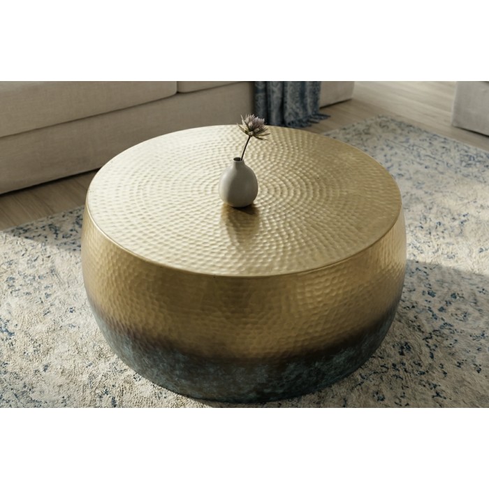 Couchtisch TRIANE 60 cm aus goldenem und blauem Aluminium – Runder Couchtisch im gehämmerten Design