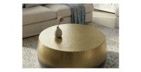 Table basse TRIANE ronde 60cm dorée et bleue vue de haut rapprochée