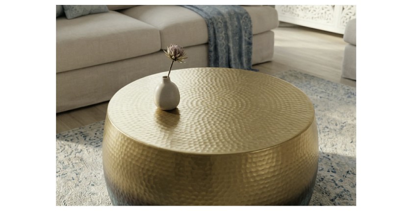 Table basse TRIANE ronde 60cm dorée et bleue vue de haut rapprochée
