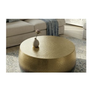 Table basse TRIANE ronde 60cm dorée et bleue vue de haut rapprochée