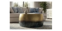 Table basse TRIANE ronde 60cm dorée et bleue vue de face