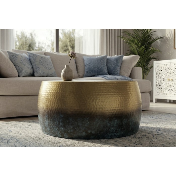 Couchtisch TRIANE 60 cm aus goldenem und blauem Aluminium – Runder Couchtisch im gehämmerten Design