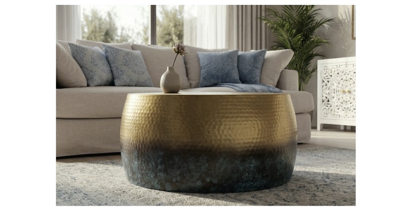 Table basse TRIANE ronde 60cm dorée et bleue vue de face