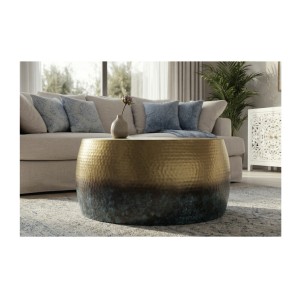 Table basse TRIANE ronde 60cm dorée et bleue vue de face