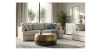 Table basse TRIANE ronde 60cm dorée et bleue vue dans un ensemble de salon