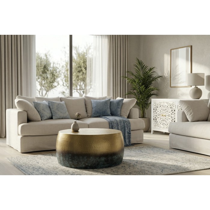 Couchtisch TRIANE 60 cm aus goldenem und blauem Aluminium – Runder Couchtisch im gehämmerten Design
