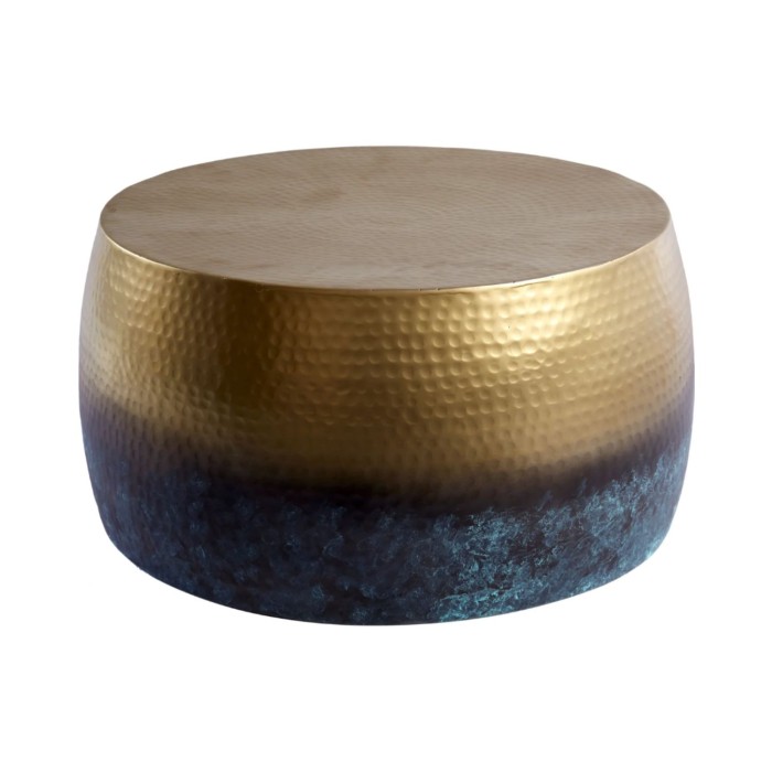 Couchtisch TRIANE 60 cm aus goldenem und blauem Aluminium – Runder Couchtisch im gehämmerten Design