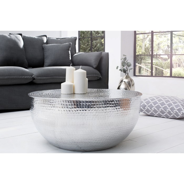 Lage tafel TRIANE 60 cm in gehamerd zilver aluminium - Ronde design salontafel