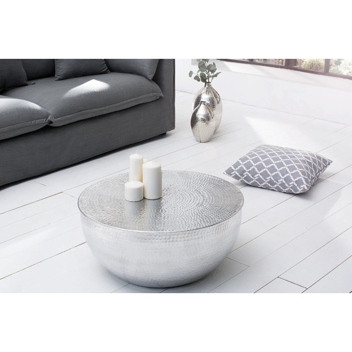 Lage tafel TRIANE 60 cm in gehamerd zilver aluminium - Ronde design salontafel