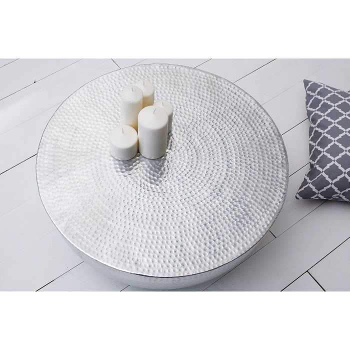 Lage tafel TRIANE 60 cm in gehamerd zilver aluminium - Ronde design salontafel