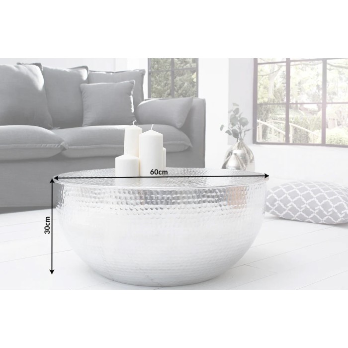 Lage tafel TRIANE 60 cm in gehamerd zilver aluminium - Ronde design salontafel