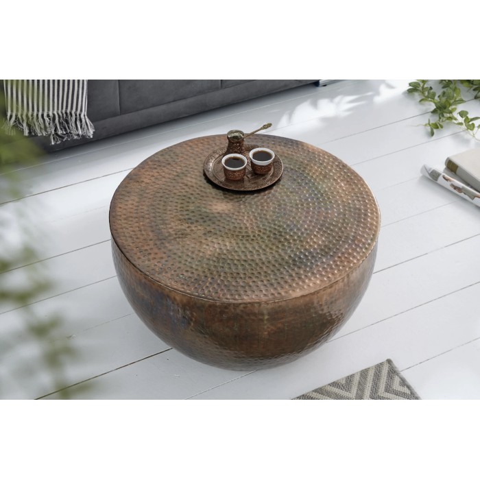 Lage tafel TRIANE 60 cm in gehamerd koperen aluminium - Rond design salontafel