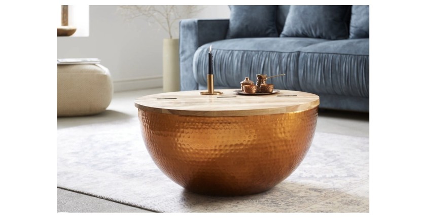 Table basse ronde 60cm TRIANE bronze et bois vue de face