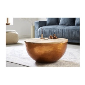 Table basse ronde 60cm TRIANE bronze et bois vue de face