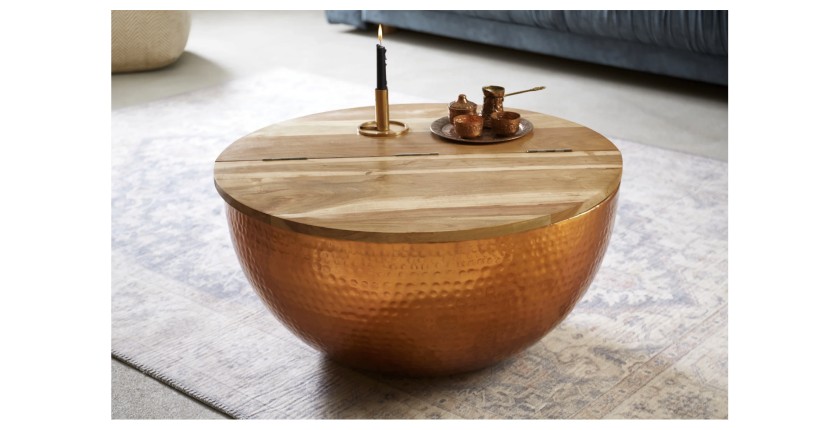 Table basse ronde 60cm TRIANE bronze et bois mise en situation