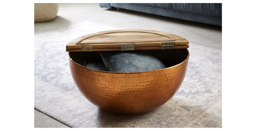 Table basse ronde 60cm TRIANE bronze et bois vue de face avec plateau ouvert