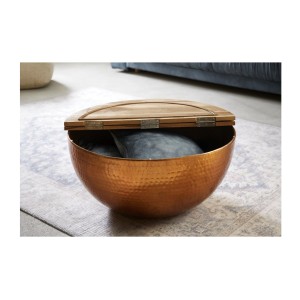 Table basse ronde 60cm TRIANE bronze et bois vue de face avec plateau ouvert