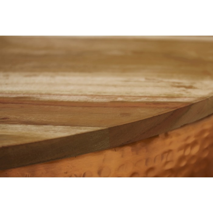 Lage tafel TRIANE 60 cm met opbergruimte - Blad van acaciahout en structuur van gehamerd koper aluminium