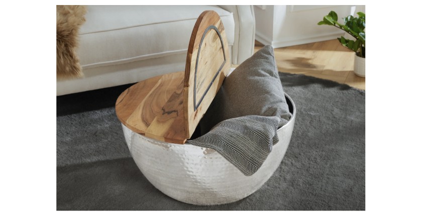 Table basse TRIANE argentée et bois 60cm vue de face ouverte