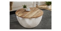 Table basse TRIANE argentée et bois 60cm vue de face