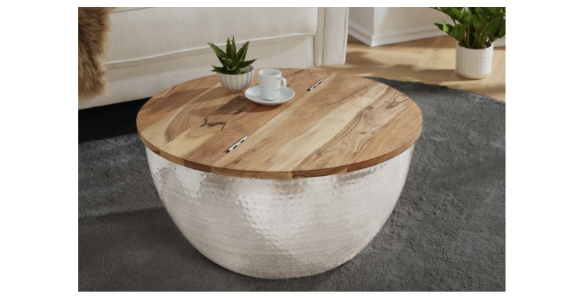 Table basse TRIANE argentée et bois 60cm vue de face