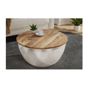 Table basse TRIANE argentée et bois 60cm vue de face