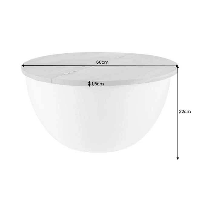 Table bassa TRIANE 60 cm con contenitore – Piano in legno di acacia e struttura in metallo argentato martellato