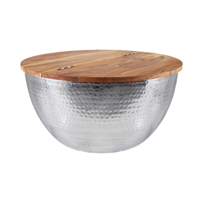 Table bassa TRIANE 60 cm con contenitore – Piano in legno di acacia e struttura in metallo argentato martellato