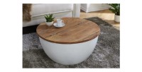 Table basse ronde TRIANE 60cm blanche et bois vue de face