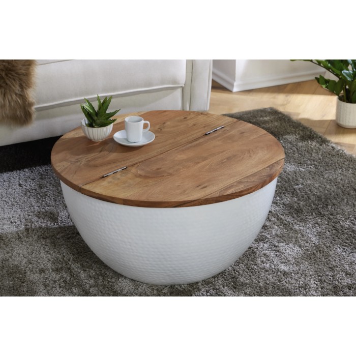 Salontafel TRIANE 60 cm met opbergruimte - Blad van acaciahout en wit gehamerd metalen frame
