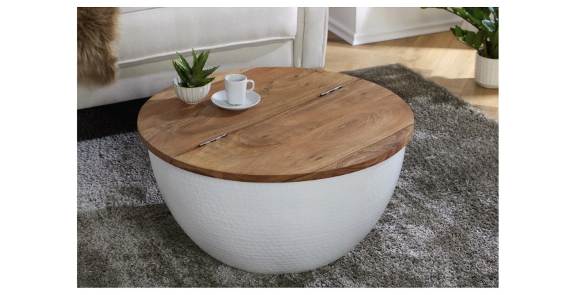 Table basse ronde TRIANE 60cm blanche et bois vue de face