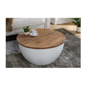 Table basse ronde TRIANE 60cm blanche et bois vue de face