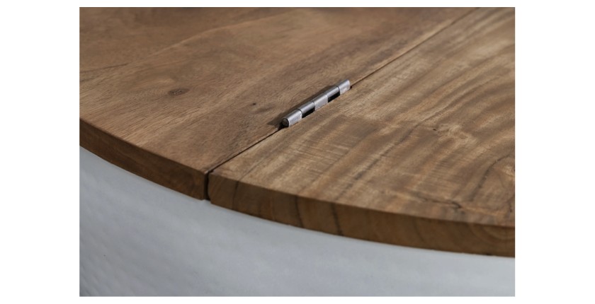 Zoom sur le système d'ouverture du plateau de la table basse ronde TRIANE 60cm blanche et bois