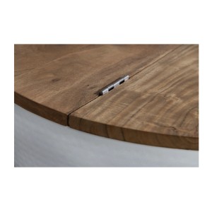 Zoom sur le système d'ouverture du plateau de la table basse ronde TRIANE 60cm blanche et bois