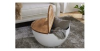 Table basse ronde TRIANE 60cm blanche et bois vue de face avec plateau ouvert
