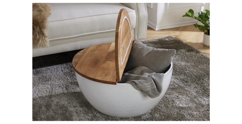Table basse ronde TRIANE 60cm blanche et bois vue de face avec plateau ouvert