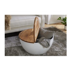 Table basse ronde TRIANE 60cm blanche et bois vue de face avec plateau ouvert