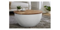 Table basse ronde TRIANE 60cm blanche et bois mise en situation