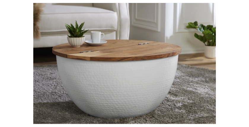 Table basse ronde TRIANE 60cm blanche et bois mise en situation
