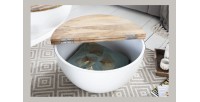 Table basse TRIANE ronde 60cm blanche et bois clair avec plateau ouvert
